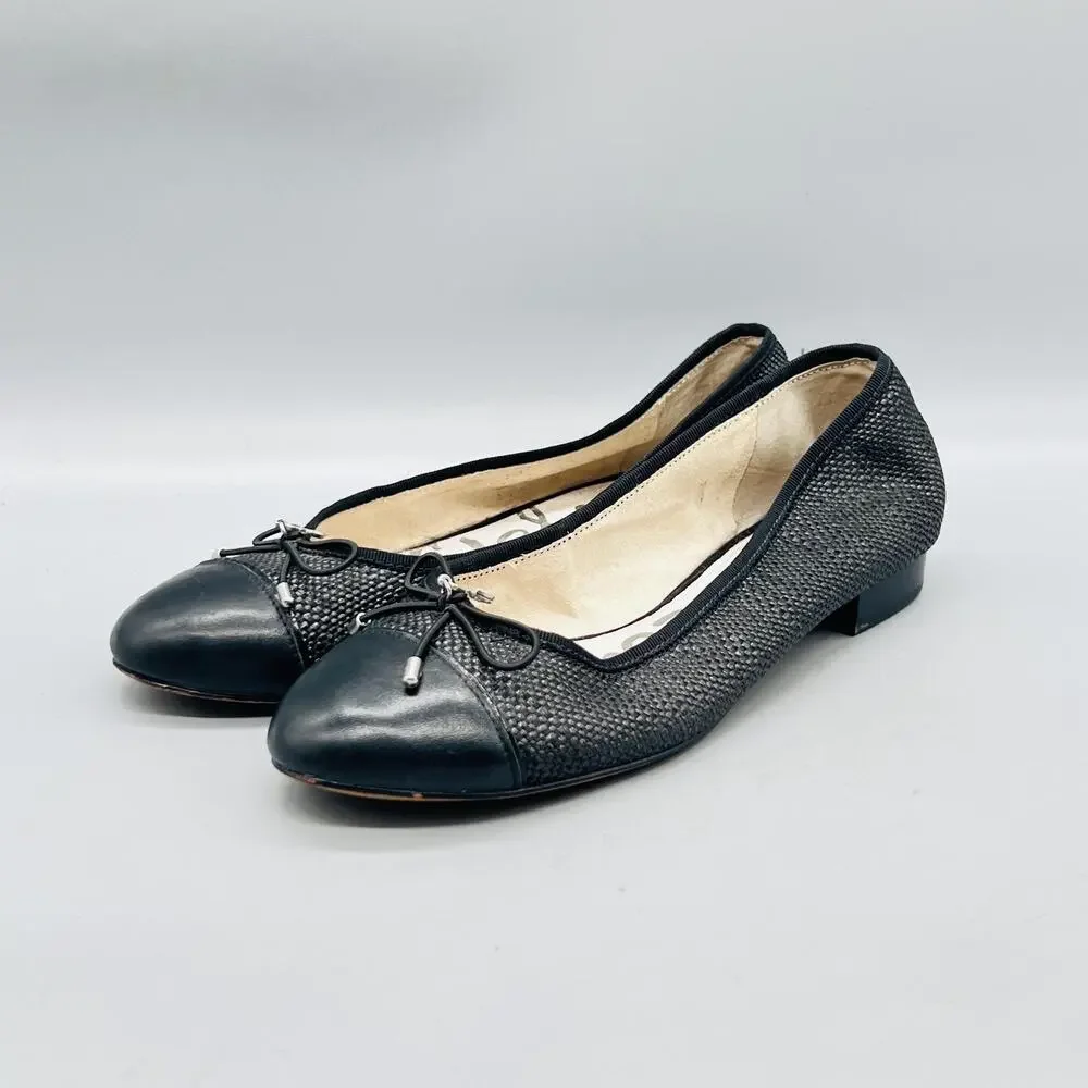 Sam Edelman Shoes Womens 6 Black Woven Ballet Flats Bow Cap Toe Casual Comfort